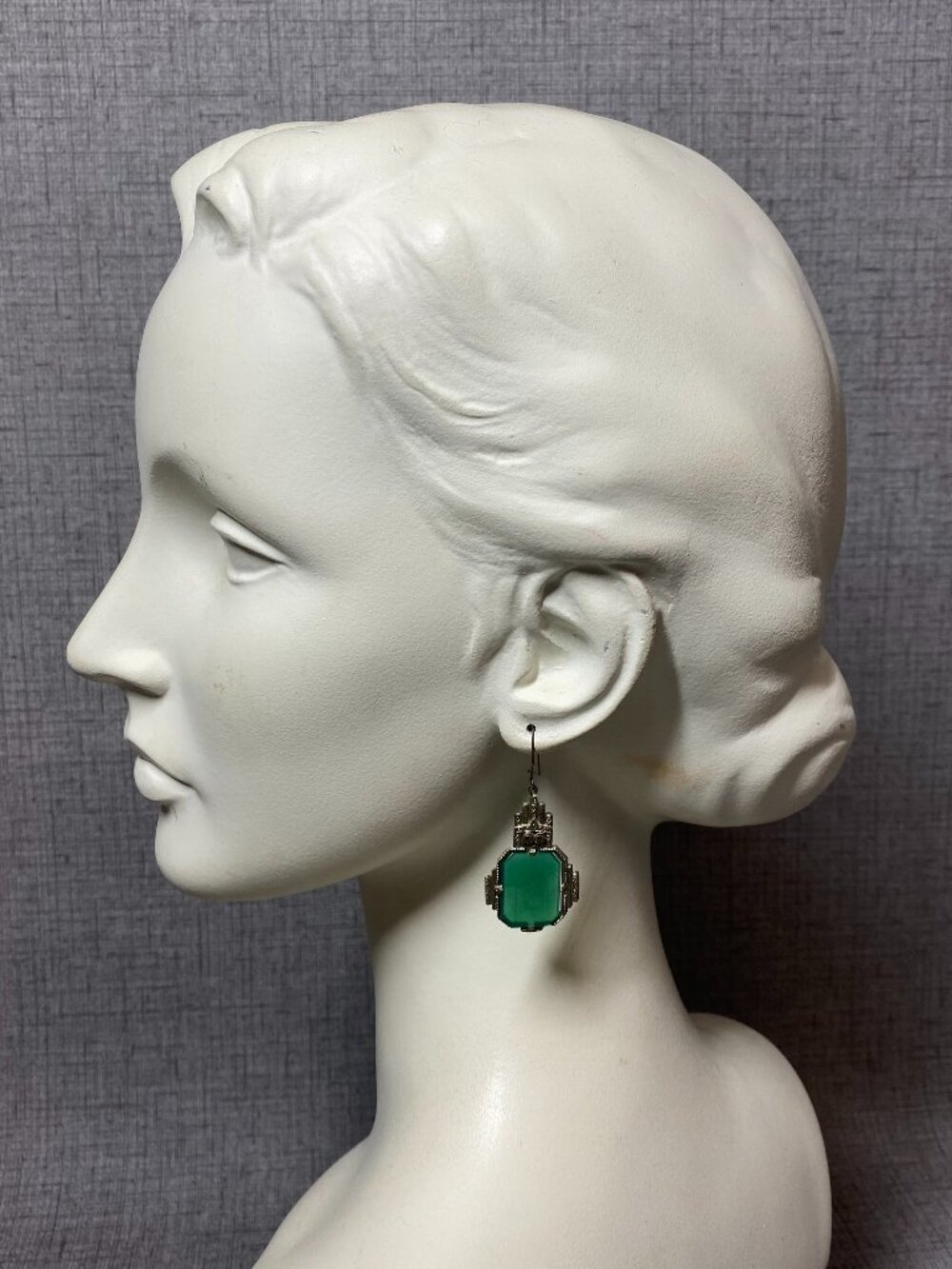 Art Deco 1930s Chrysoprase Marcasite Sterling Silver Earrings Antique - Picture 2 of 15